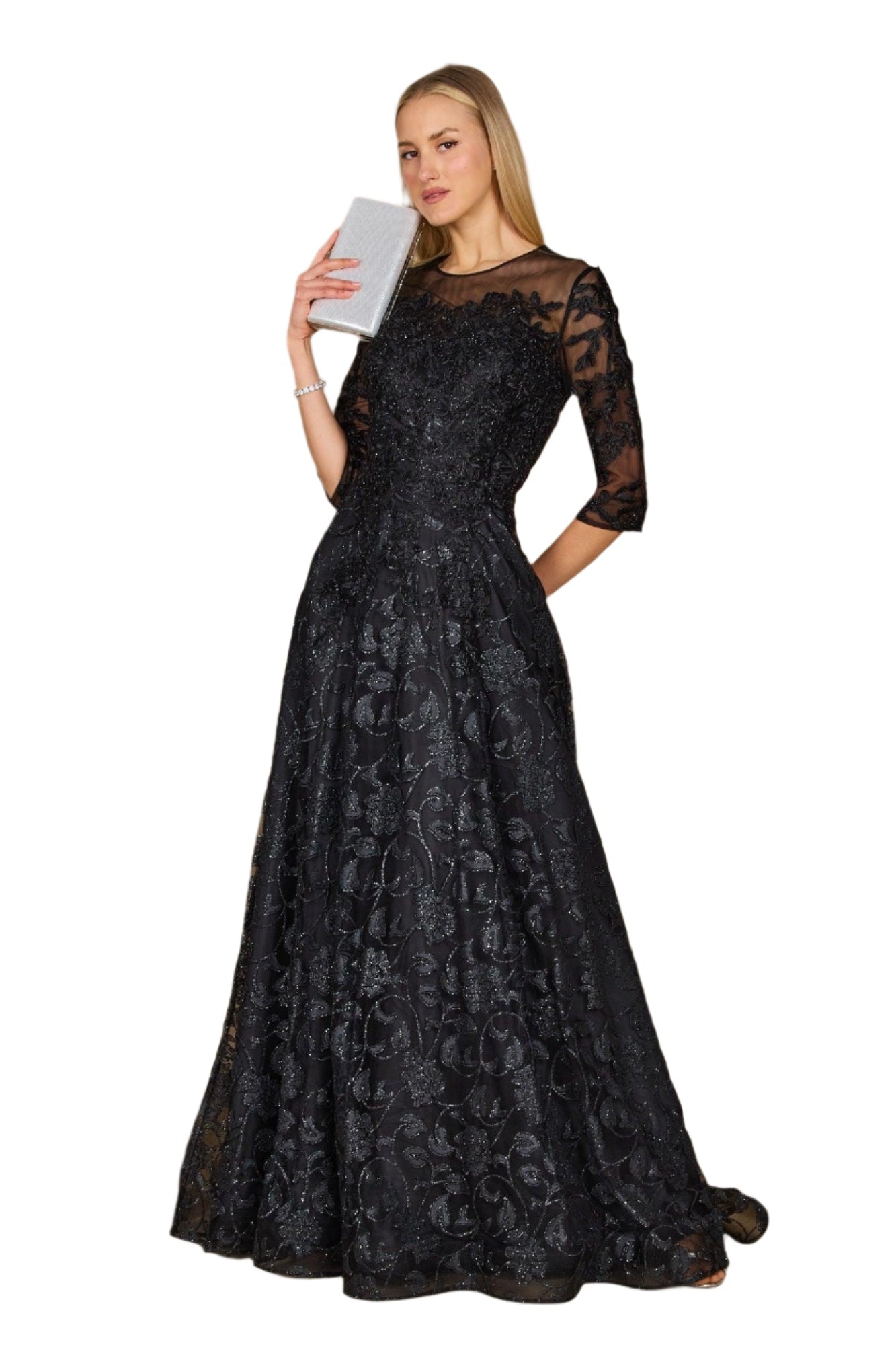 Dylan and Davids Full-Length Formal Gown Lace 3/4 Sleeve Evening Dress-4
